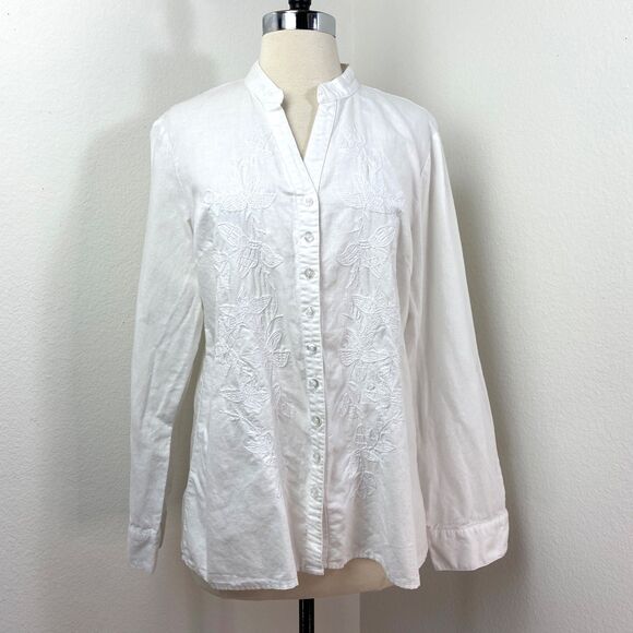 Tweed White Linen Blouse XL Embroidery Button Front Boho Peasant Career Preppy - Picture 1 of 11